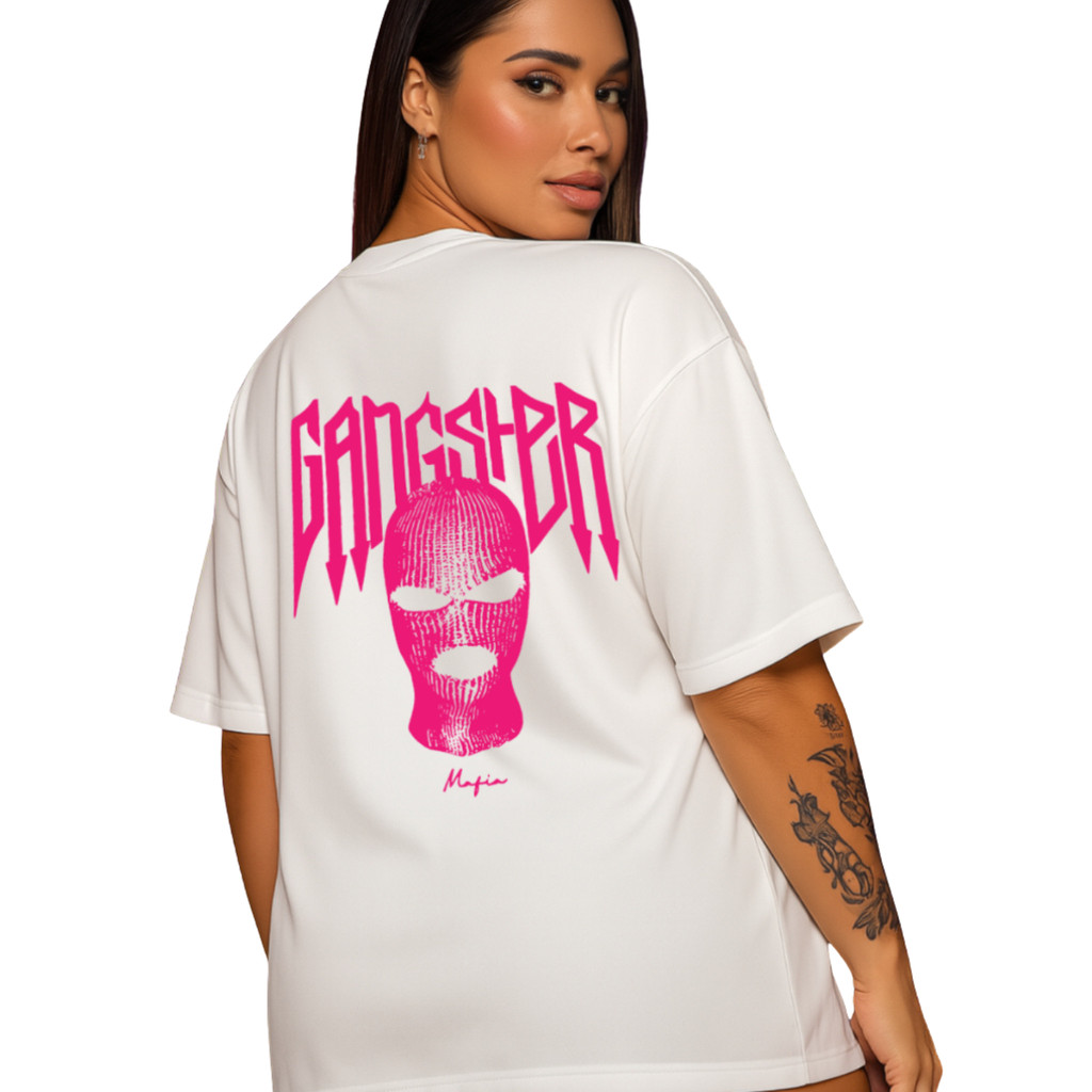 Camiseta Oversized Feminina Streetwear Algodão Pink Gangster Blogueira da moda