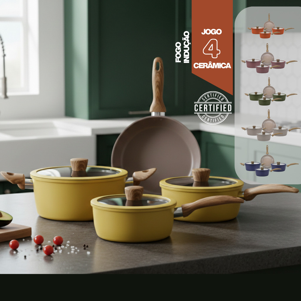 Imagem Jogo de Panelas 4 Peças Antiaderente Cerâmica Compatível Fogão Gás e Indução Moderna