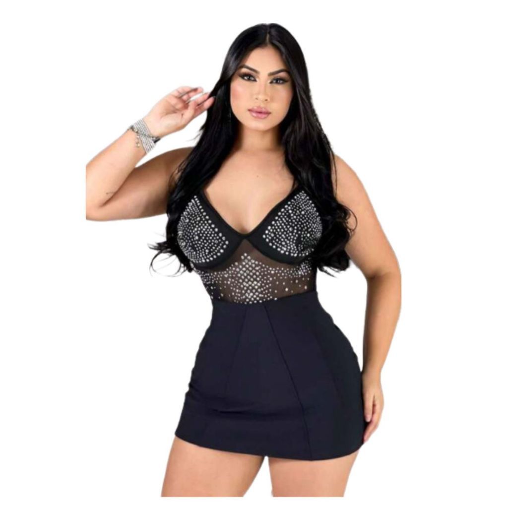 Conjunto Feminino Body Pedraria Alcinha E Saia Short Bengaline