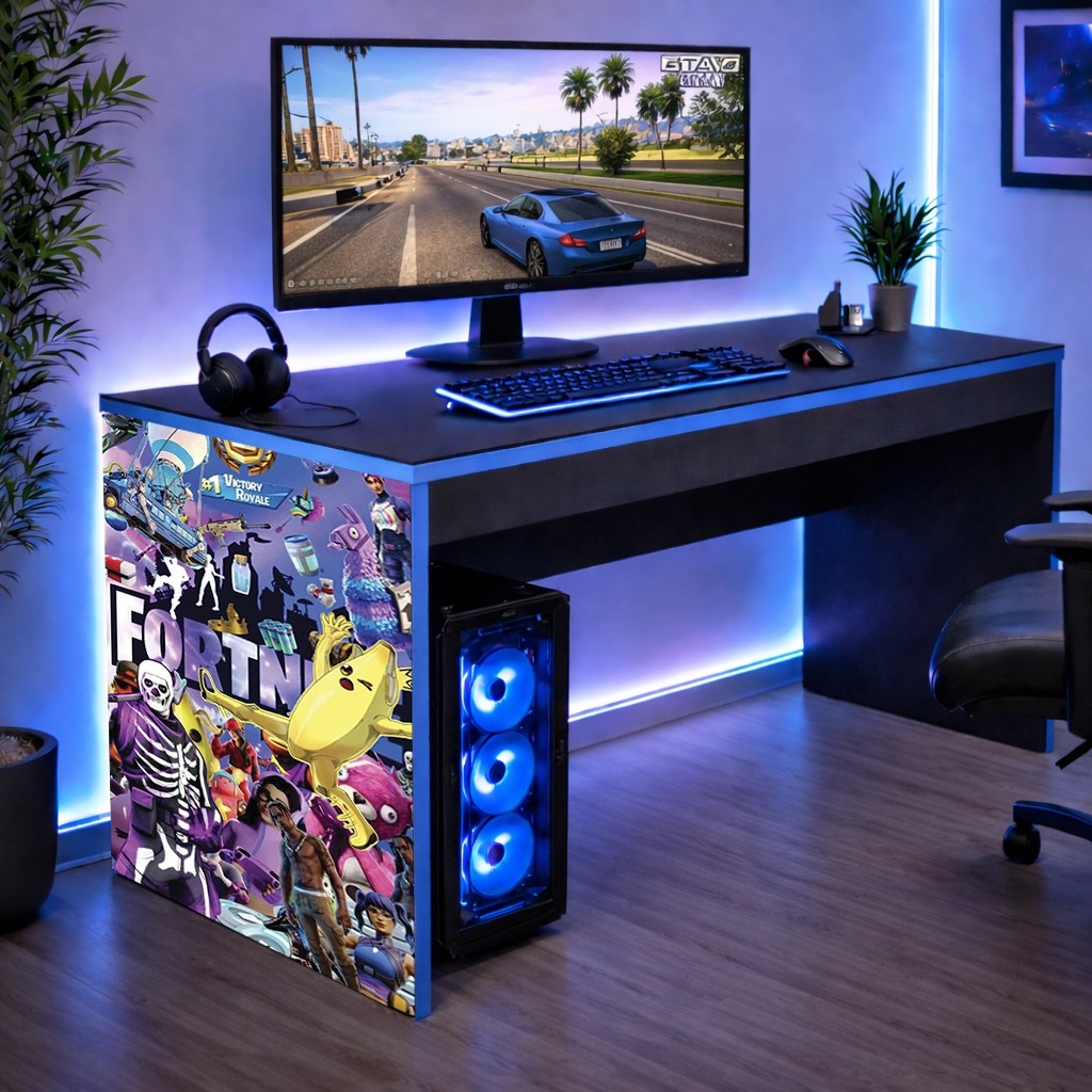 Mesa Infantil Gamer para Quarto Escrivaninha de Jogos Borda Azul modelo fortnite colorido Achadinho Oferta