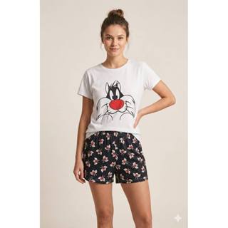 Pijama Baby Doll Manga Curta Personagens Gatinho Frajola em Oferta na Shopee