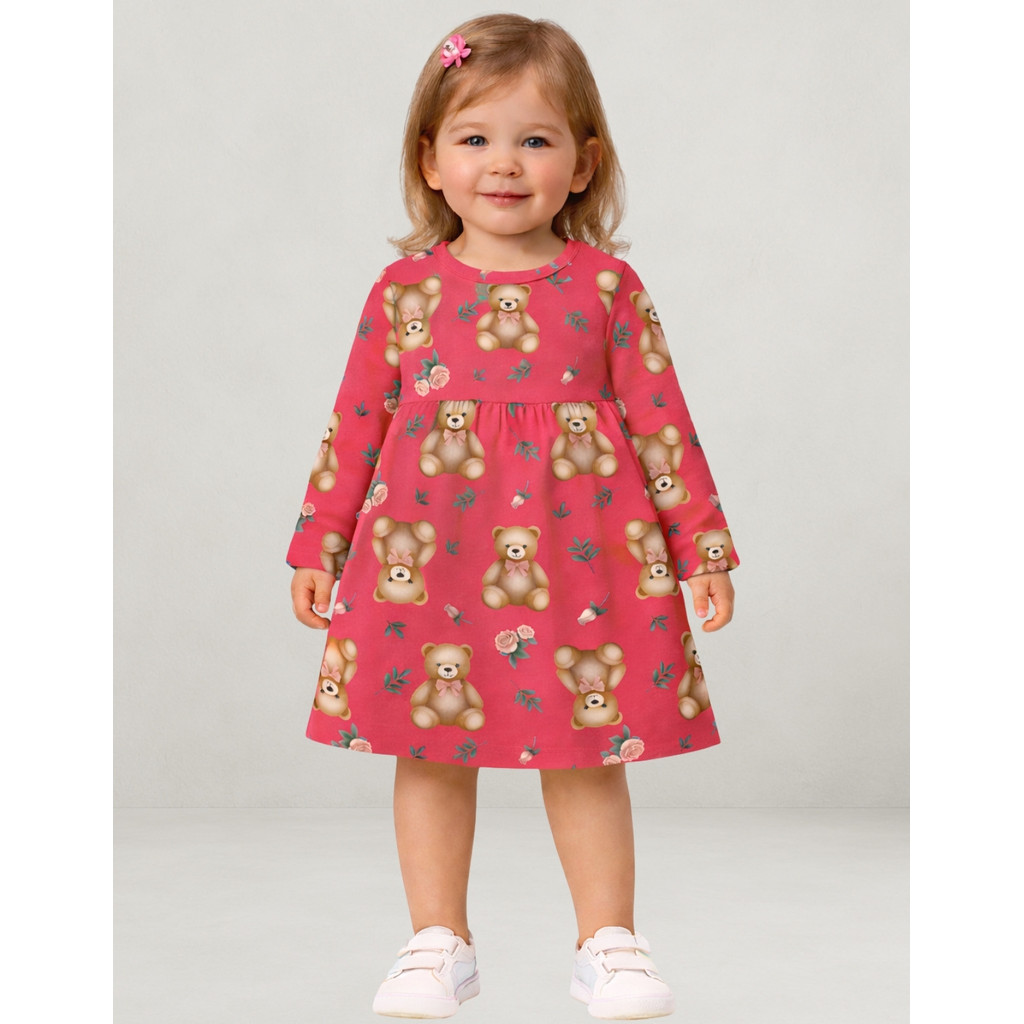 Vestido Infantil Menina Estampado Ursinhos Rosa Carmim Manga Longa Kyly 1001525