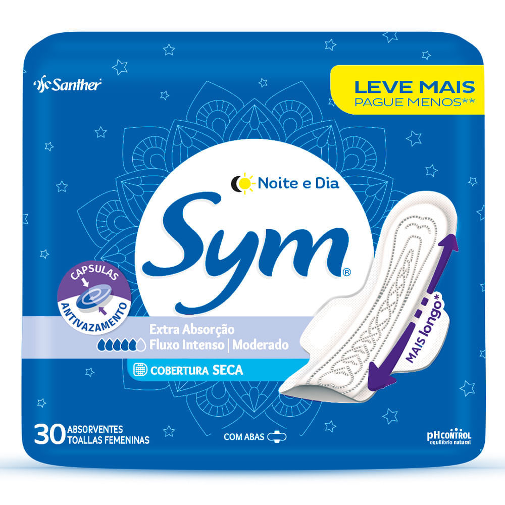 Absorvente Sym Noite e Dia Extra Absorção Cobertura Seca com Abas 30 Unidades Leve Mais Por Menos em Oferta na Shopee