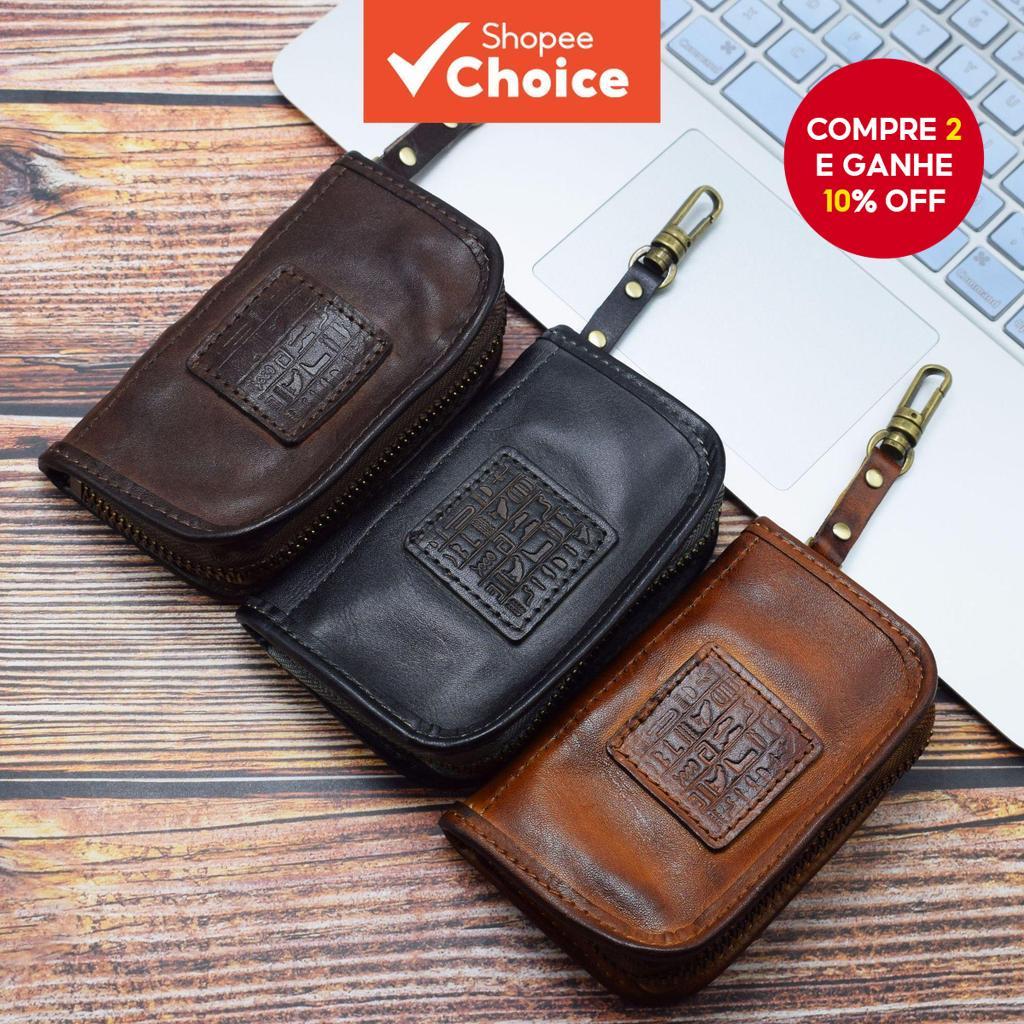  Carteira de moedas de moda com relevo de couro, carteira masculina com zíper e chaveiro