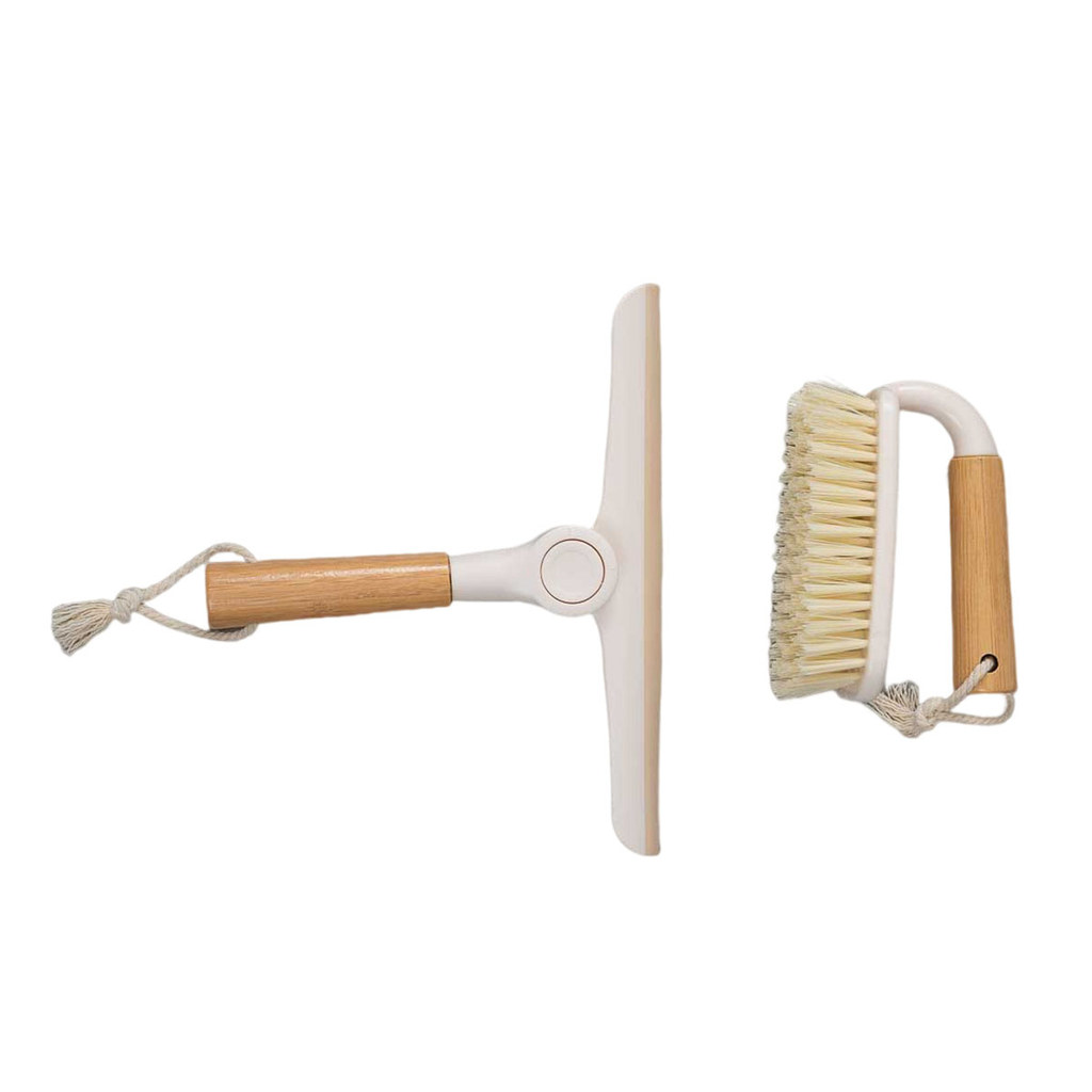 Kit Escova de Limpeza Multiuso com Cabo de Bambu E Rodo de Pia Dobrável com Cabo