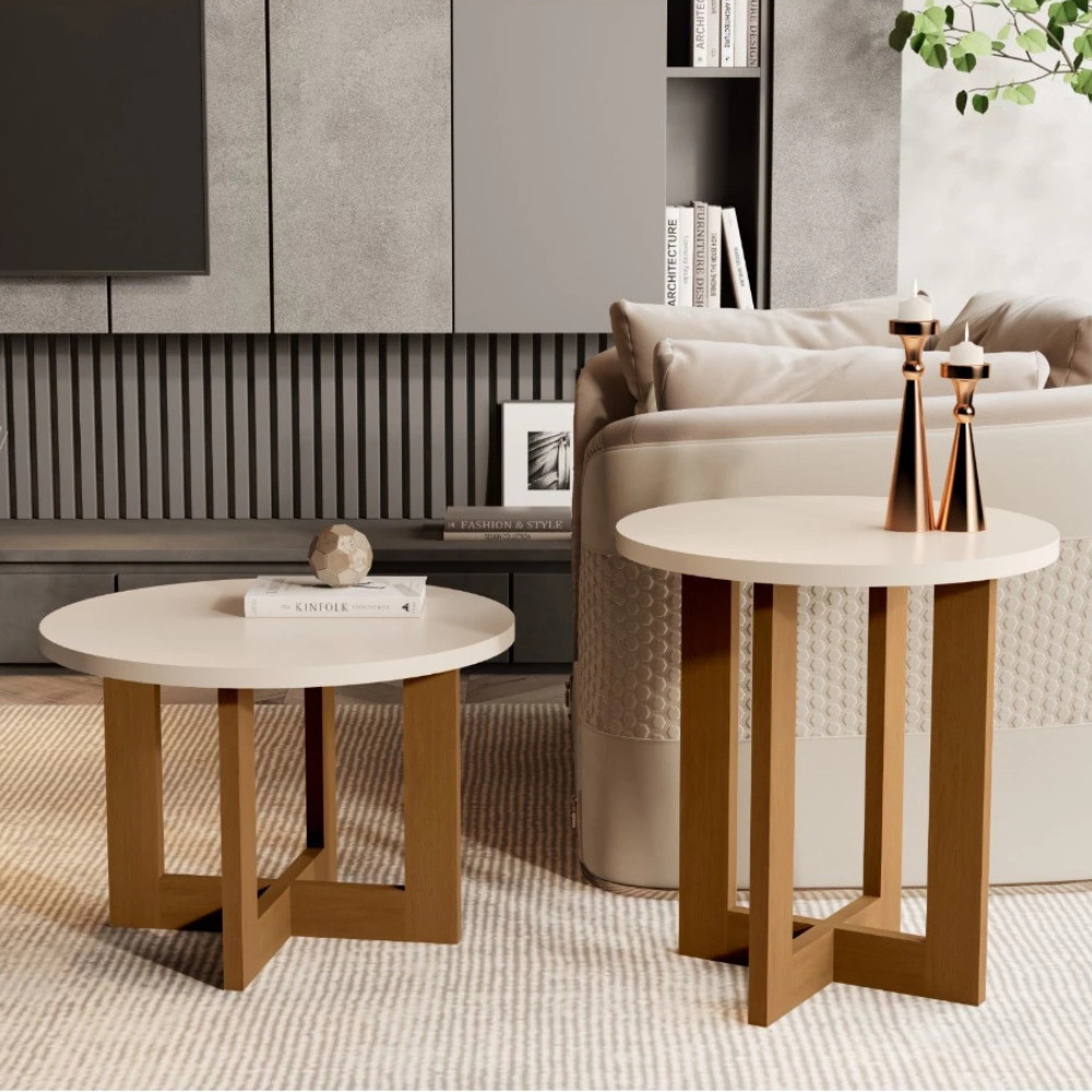 Conjunto Mesas de Canto Sala Lateral Redonda MDF Apoio Decoração Moderna 2 Peças 8001 e 8002 Bechara