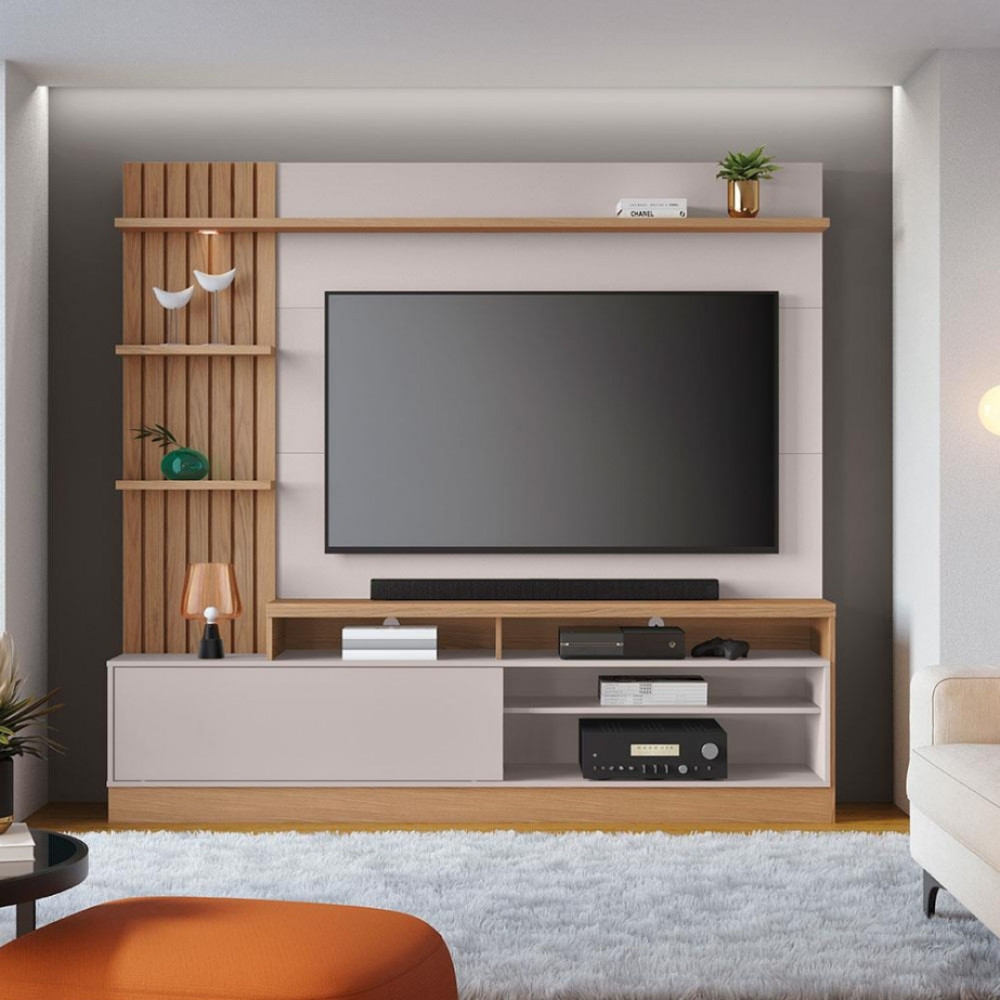 Painel Home Maceió 4 Prateleiras 4 Nichos para Tvs até 65 Polegadas Freijó e Off White Colibri