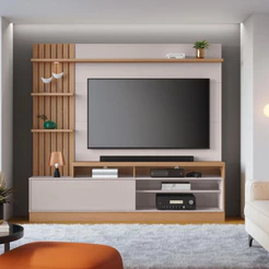 Painel Home Maceió 4 Prateleiras 4 Nichos para Tvs até 65 Polegadas Freijó e Off White Colibri