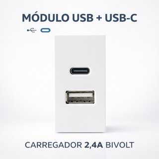 Tomada Módulo USB + USB Tipo C Carregador 2,4A Bivolt Branco de Embutir