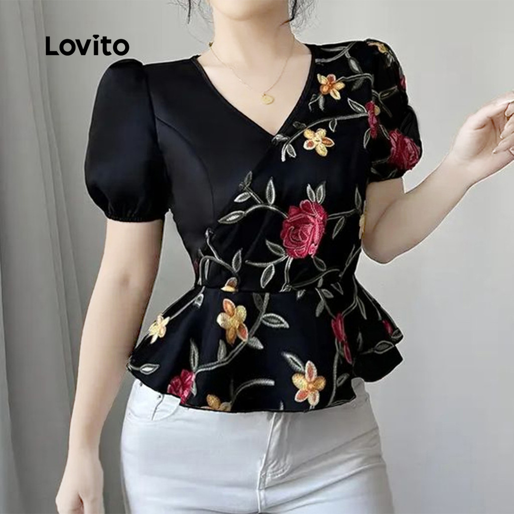 Lovito Blusa elegante Colorblock primavera/verão blusa preta para mulheres LK3ED097