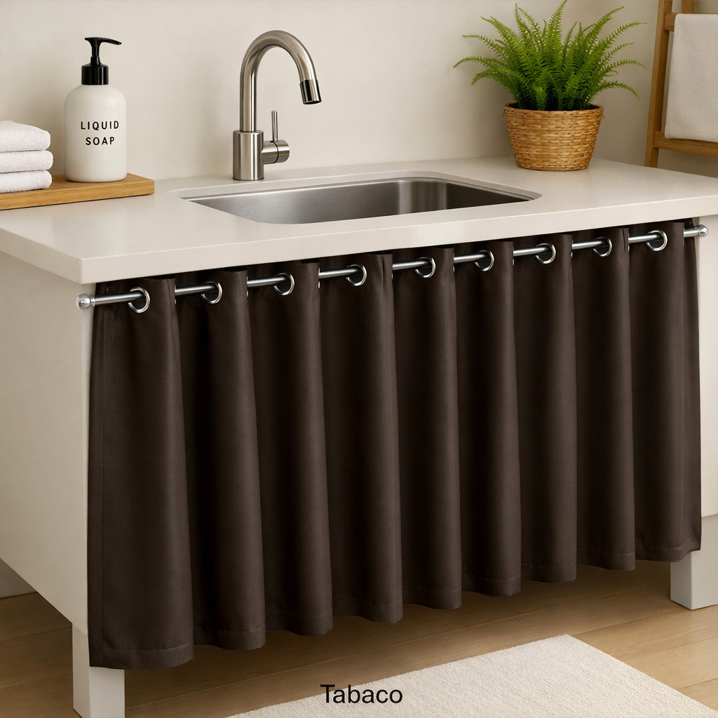 Detalhes do Cortina de Pia Blackout 1,40x0,80 com Ilhós Cromado Tecido Resistente Lavável Costura Reforçada