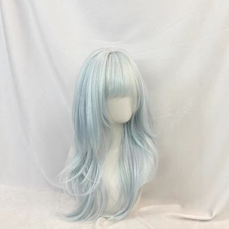 [Ice Blue Sweetheart] Peruca feminina azul claro longo cabelo reto atmosfera alta camada franja simulação cabelo arnês c