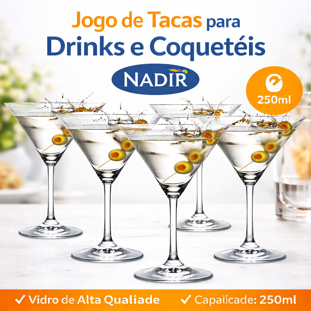 Jogo 6 Taças Martini e Coquetel Nadir 250ml - Vidro Transparente