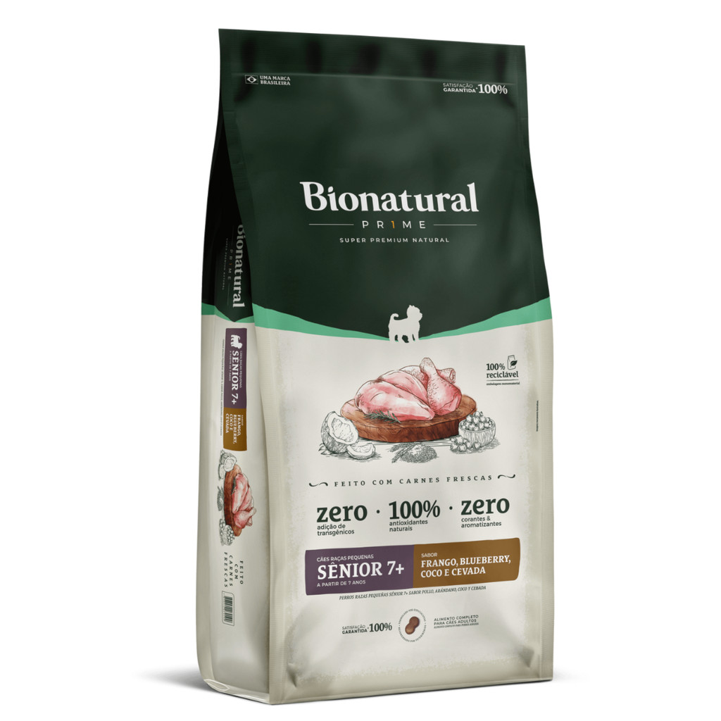 Ração Bionatural Prime Sênior 7+ Raças Pequenas 1 kg Frango, Blueberry, Coco e Cevada
