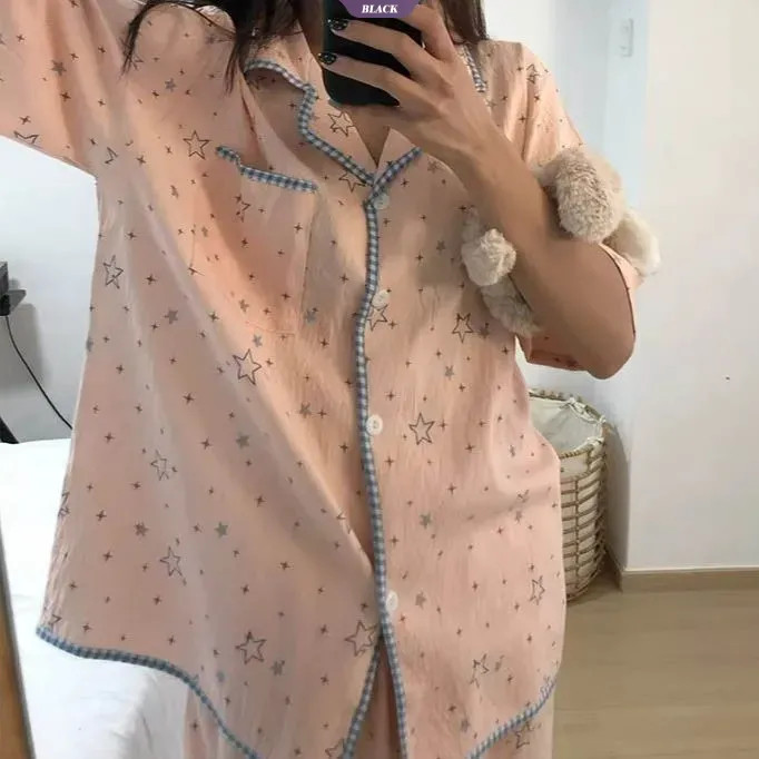Imagem Verão 2026 Cor Bloqueada Estrela-Impressão Feminina Solta Ajuste Confortável Manga Curta Conjunto De Loungewear De Duas 