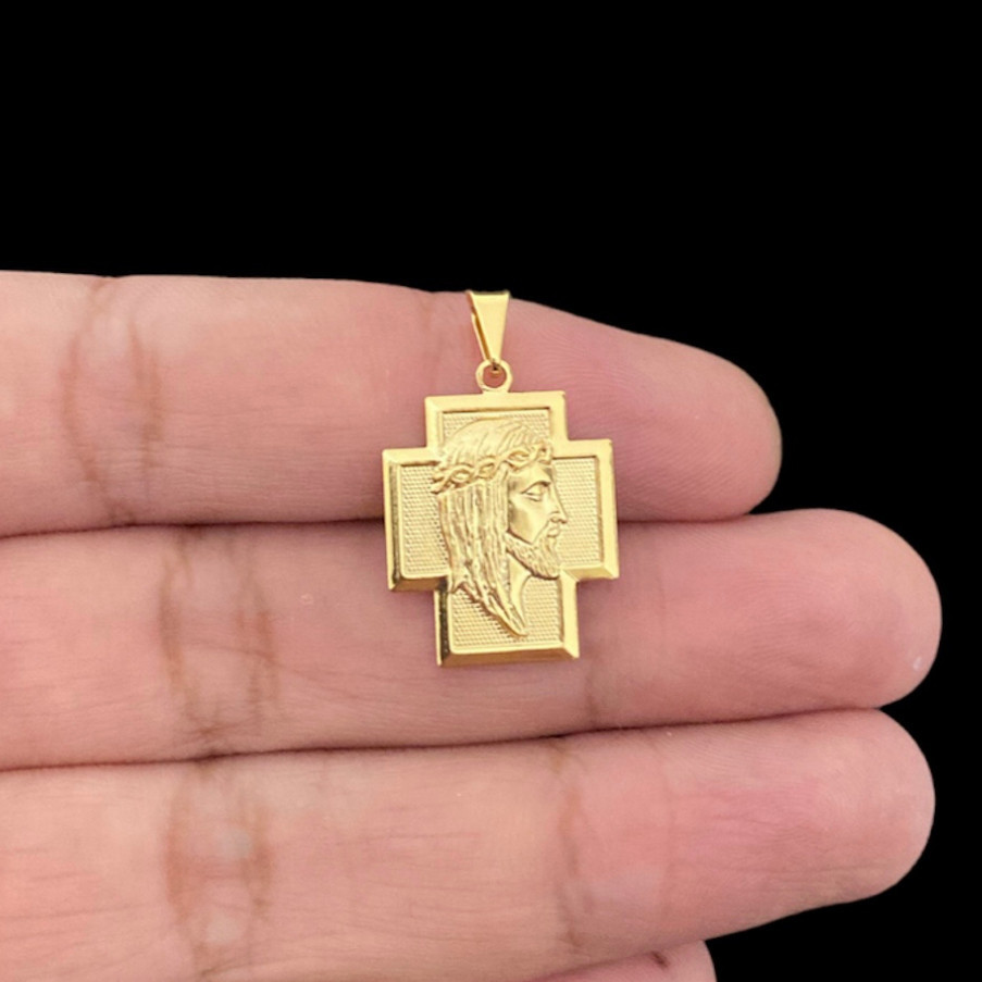 Pingente Dourado  Placa Cruz Com Face de Jesus Cristo Banhado a Ouro 18k Masculino Feminino