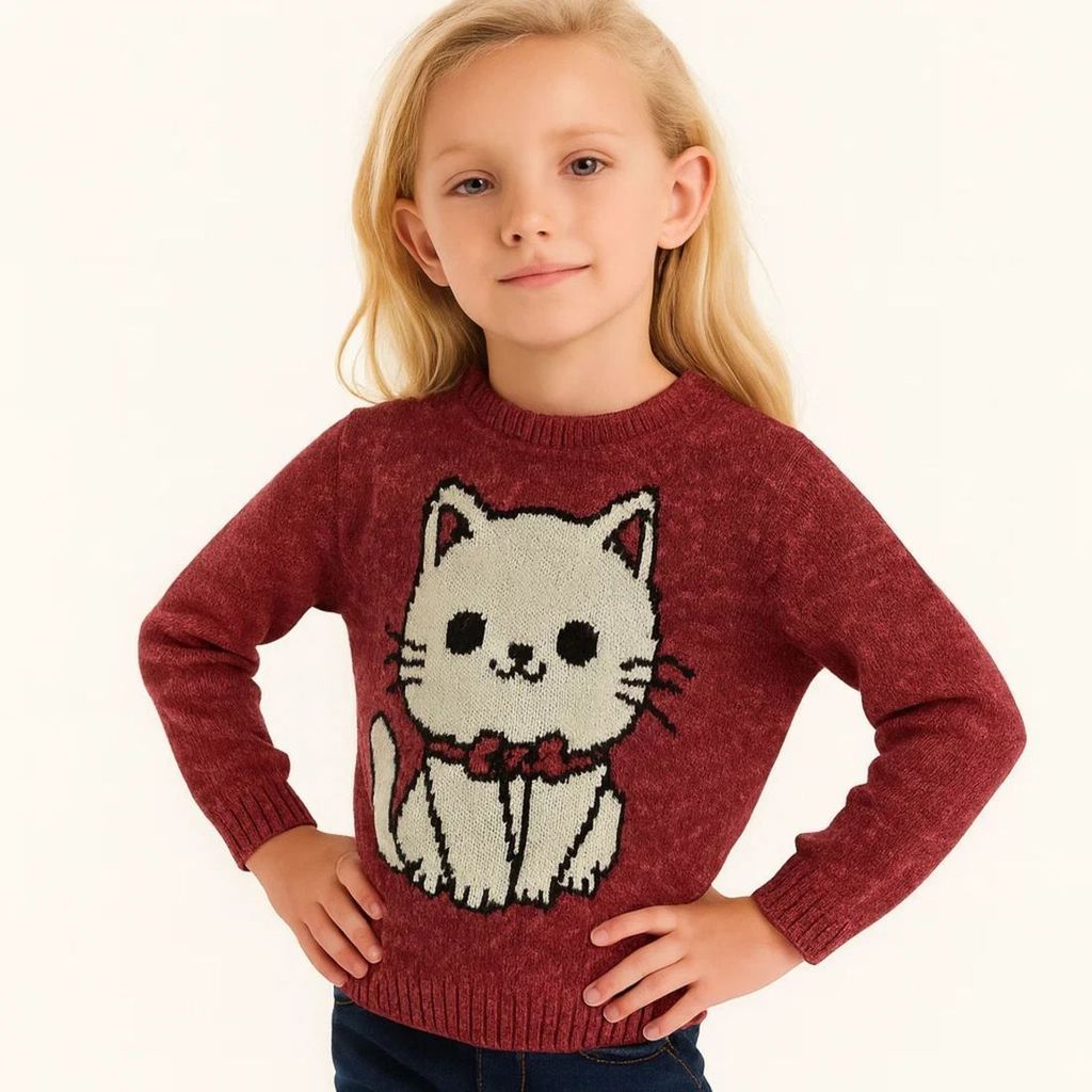 Blusa menina tricô antialérgico casaco gatinha pulôver infantil casaco manga comprida gola redonda inverno quentinho