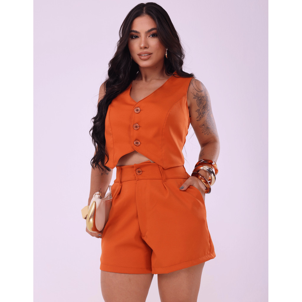 Conjunto Feminino Camisa Colete e Short Alfaiataria Moderno Social Blusa Luxo Elegante