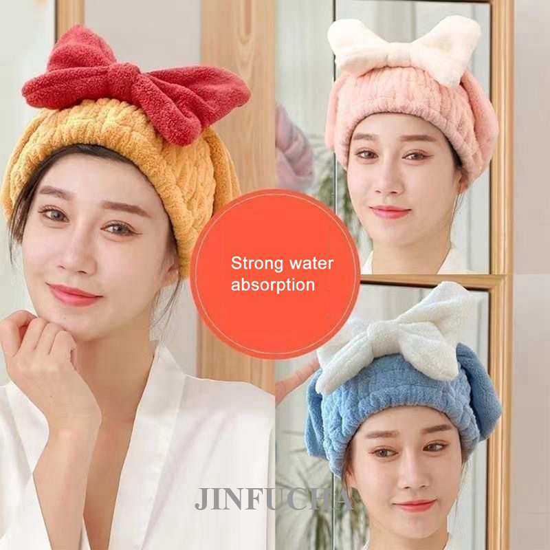 Jinfucha Touca De Cabelo Seco Com Laço De Veludo Coral , Banho Absorvente De Secagem Rápida