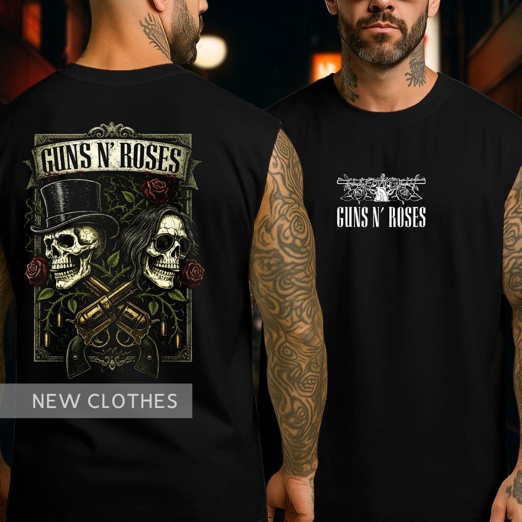 Regata Oversized Guns Estampa Caveiras Rock Art Rosas Armas Vintage Hard Rock Caveira Cartola Atitude