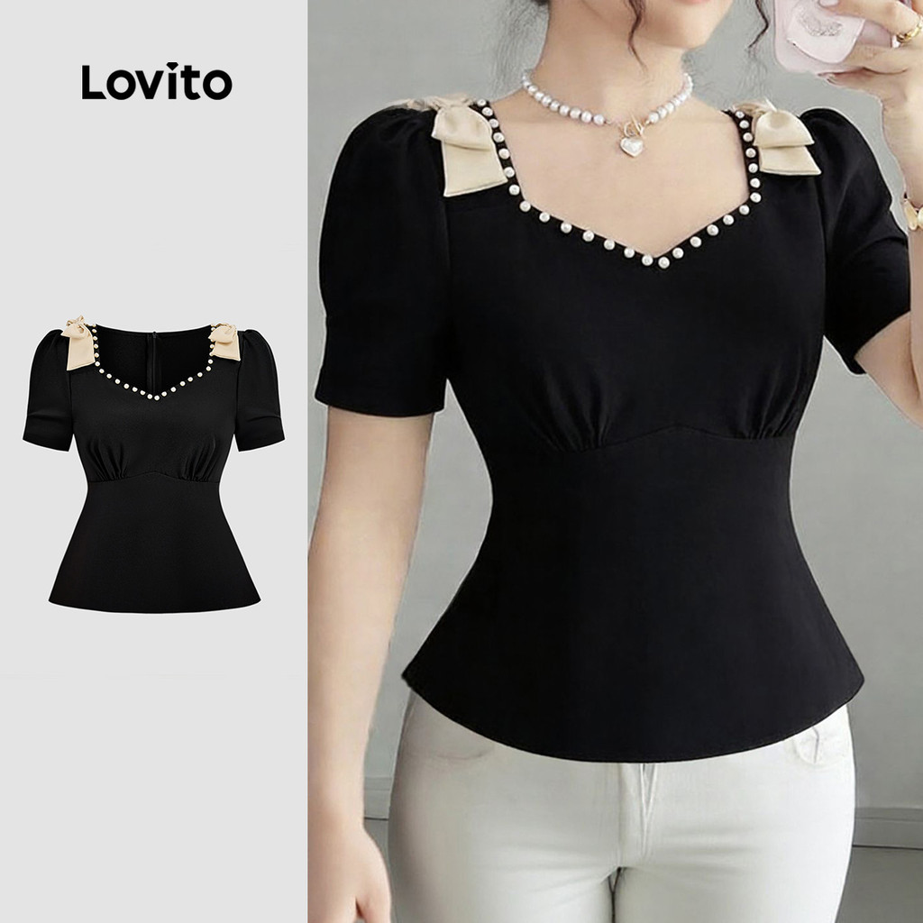 Lovito  Blusa Elegante Pérolas Laço Colorblock Primavera/verão Blusa Preta para Mulheres LBL33049 em Oferta na Shopee