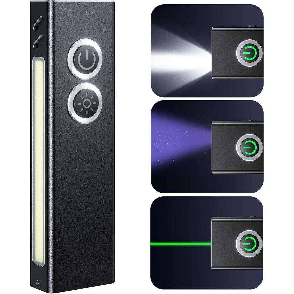 Lanterna de bolso EDC de 1300LM, 5 em 1 (Luz Pontual/Luz UV/Feixe Verde/Luz Difusa/Vermelha), Lanterna Recarregável Plan