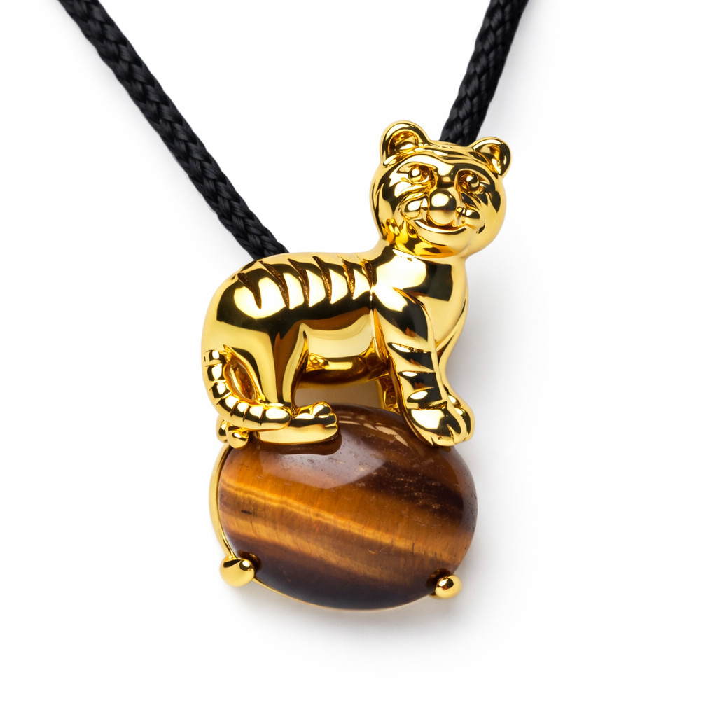 Colar Leoa Cabochao Oval Pedra Olho de Tigre Natural Dourado