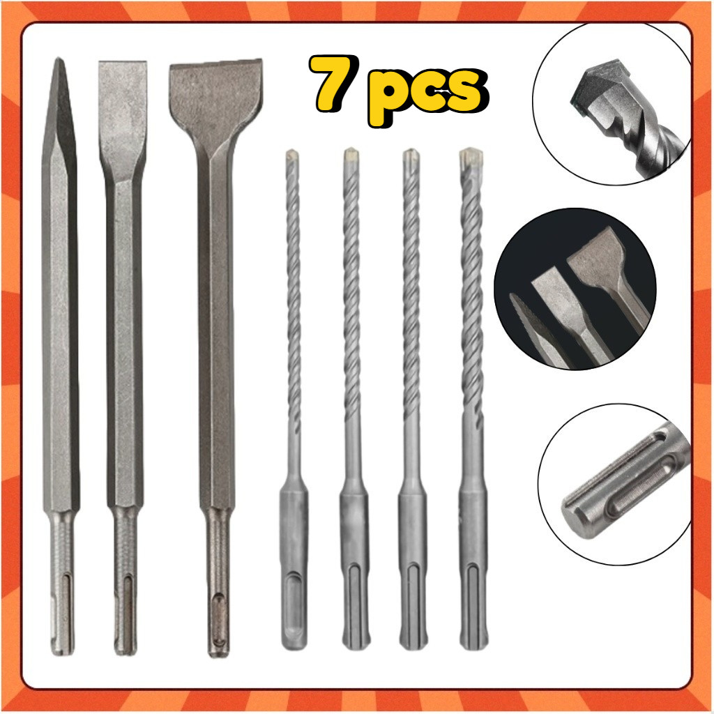 Kit SDS Plus para Martelete 7 Peças Profissional Ponteiro, Talhadeira e Brocas (6, 8, 10, 12mm) para Demolição e Furação