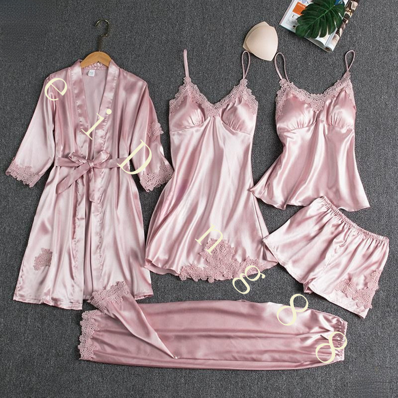 Conjunto de 5 peças camisola de seda senhoras pijamas conjunto de camisola de renda, com decote em V estilingue camisola