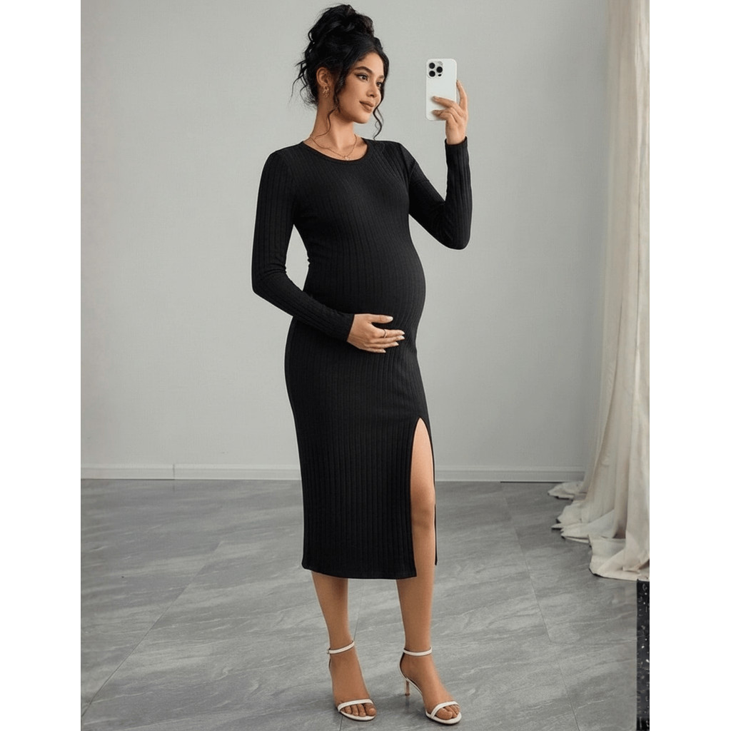 Vestido Gestante Midi Elegante Maternidade Manga Comprida Gravidez Casual Gestaçao Lia