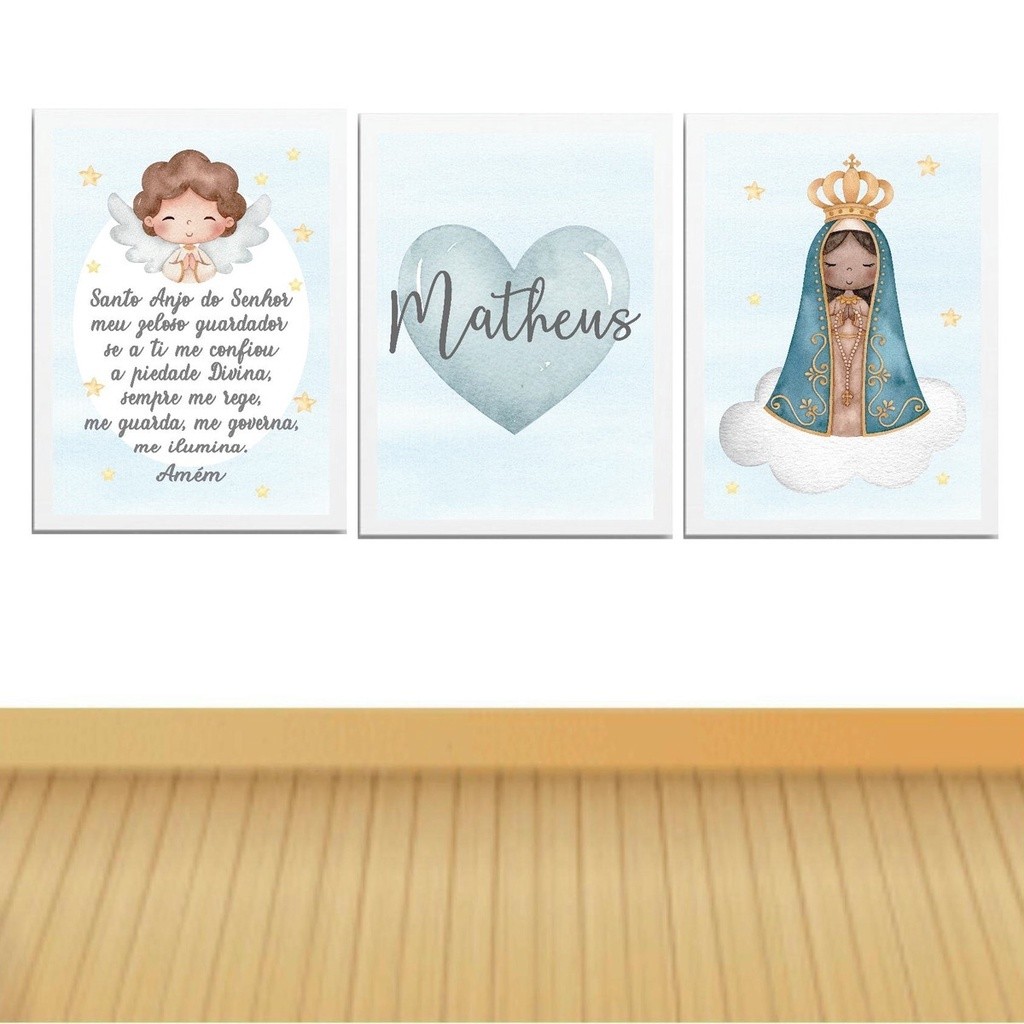 Kit Quadros decorativos 3 peças 20x30 3mm Infantil Menino Santo anjo Nossa senhora decoração