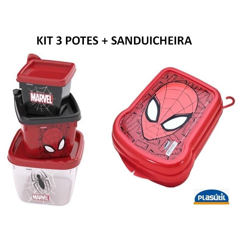 Kit 3 Potes Sanduicheira Plasútil Homem Aranha Plasutil lanche escolar DISNEY lanches escolares