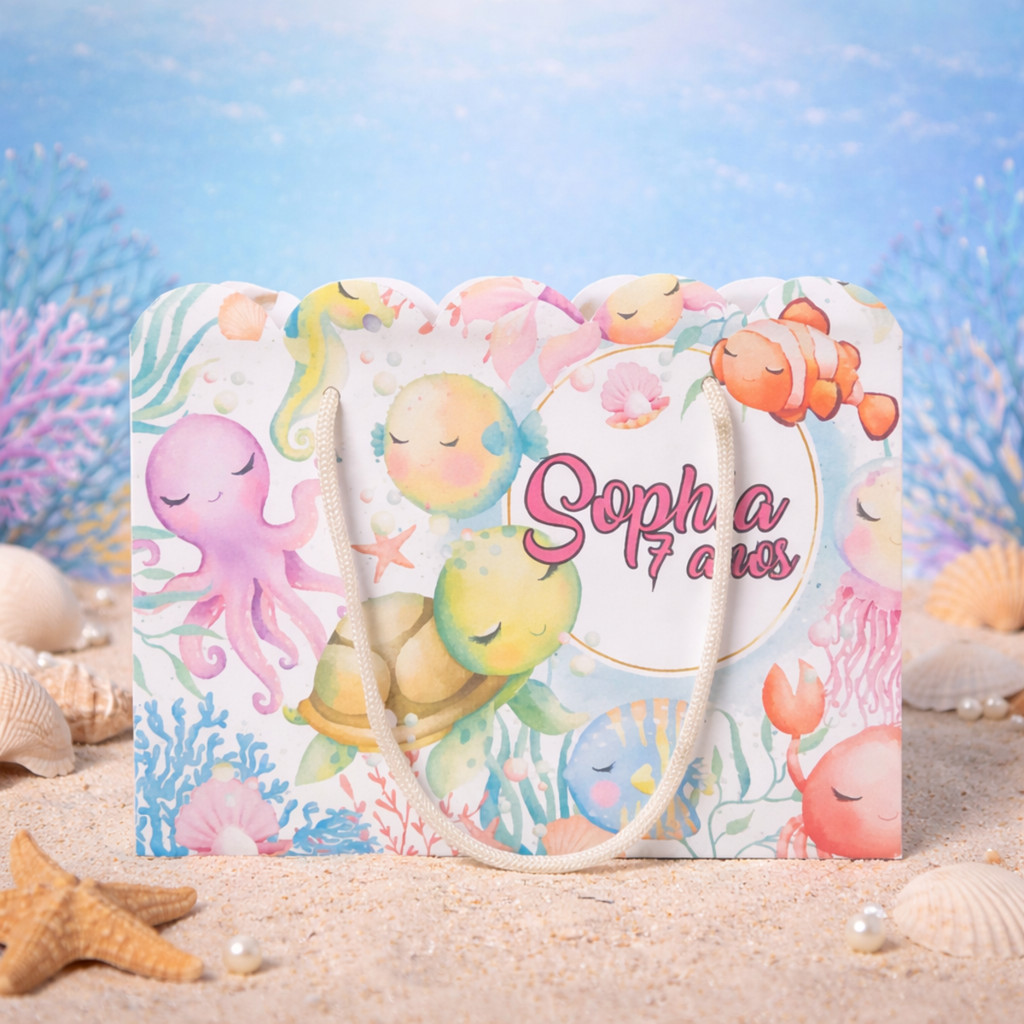 Kit Sacolinha Sacola Papelaria Personalizada Fundo do Mar Menina Sacolinha de Lembrancinha Caixinha para Festa