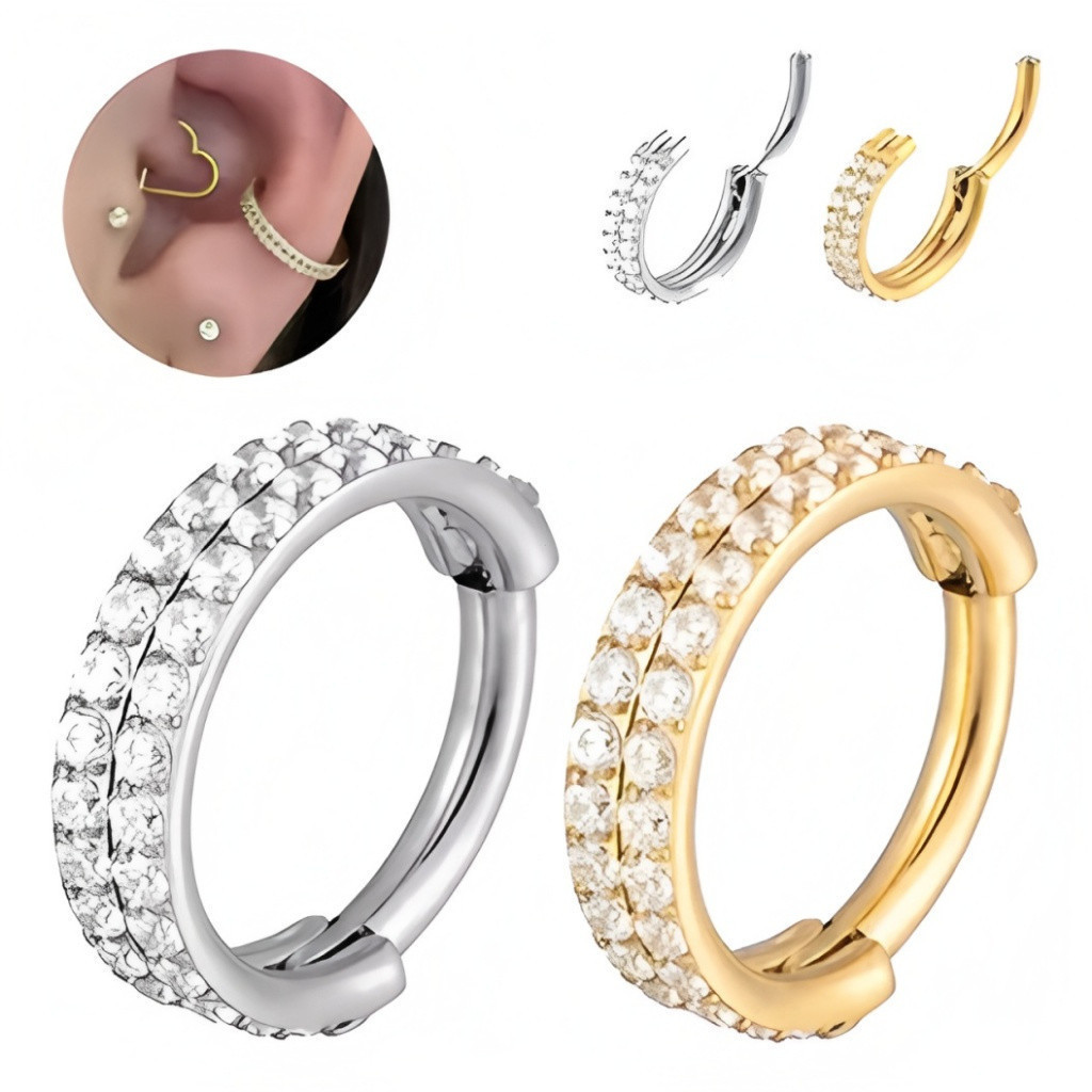 Piercing Argola Segmento Aço Cirúrgico PVD Zircônia em Duas Fileiras Articulado
