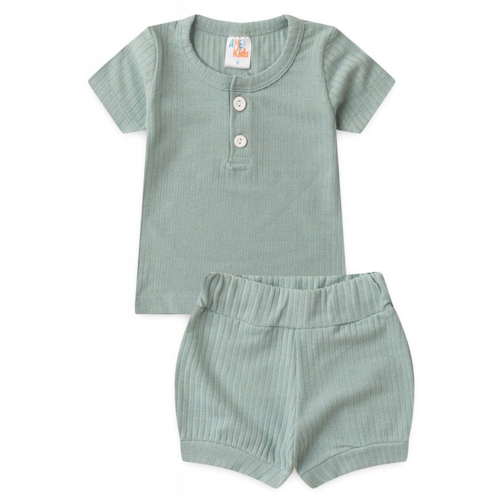 Conjunto Infantil Feminino Camiseta com Botões e Short em Malha Canelada