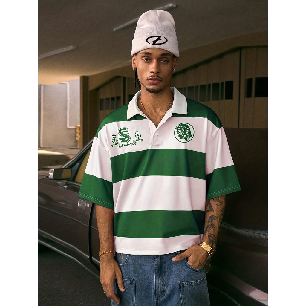 Camisa polo Masculina Retrô Americana Listrada Verde E Branca – Respirável De Manga Curta Com Botões Impressão 3D , Adeq