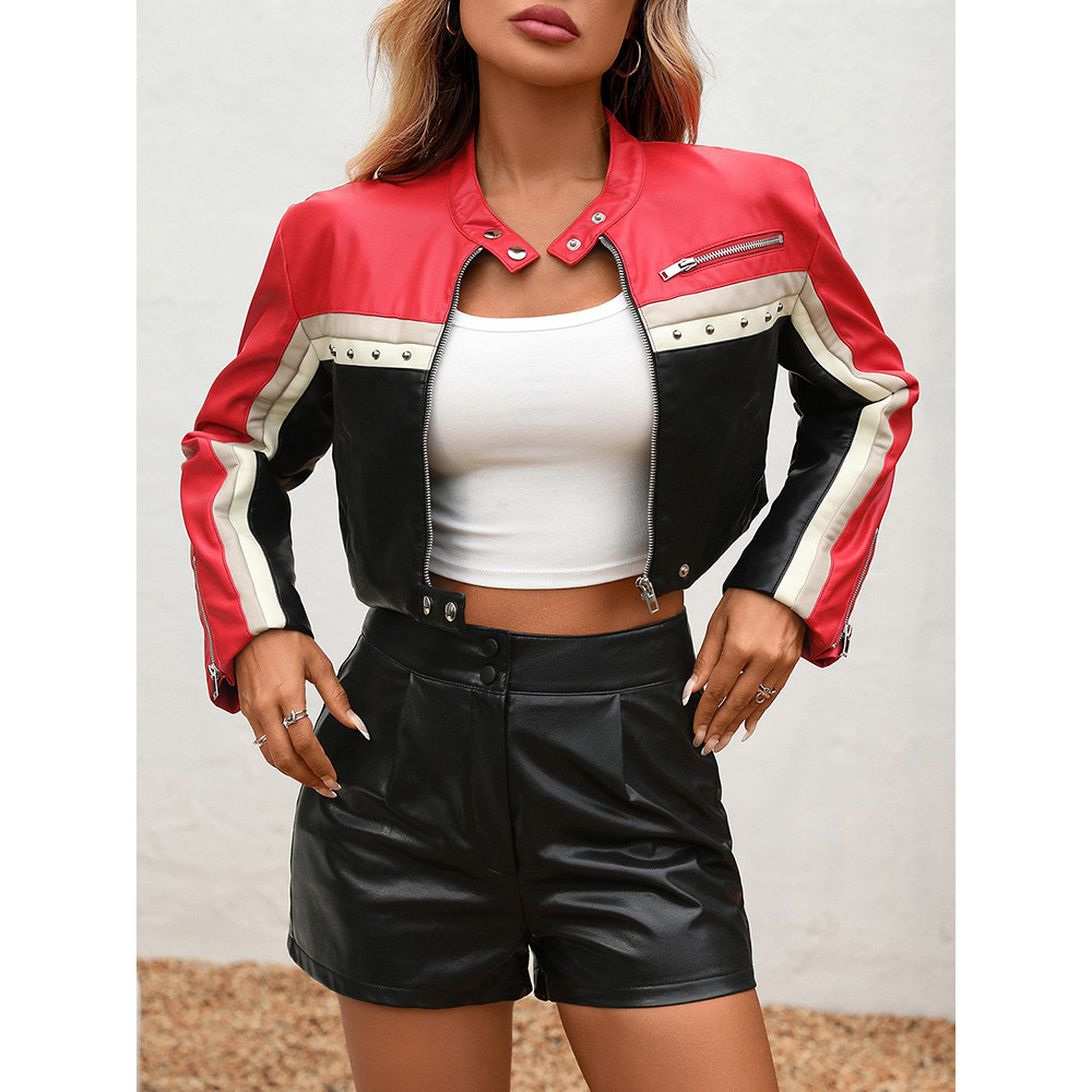 Primavera Outono Feminino Rua Vintage Curto Jaqueta De Couro Falso Retro Moto Motociclista Rebite Casaco Outwear