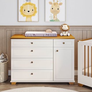 Cômoda 5 Gavetas 1 Porta com Tampo em Madeira Maciça Baby Ananda Casatema MadeiraOriginals em Oferta na Shopee