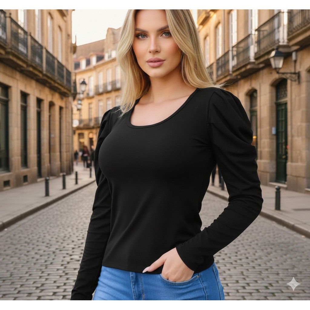 blusa feminina canelada gola rasa elastano manga longa princesa top exclusiva