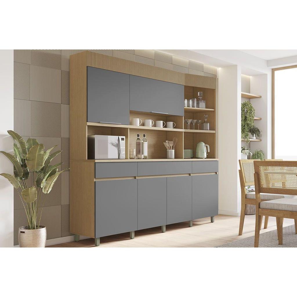 Kit de Cozinha Compacta Realeza c/ 6 Portas e 3 Gavetas 220cm Carvalho/Titânio - Nesher