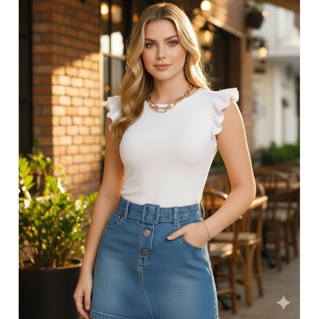 blusa feminina canelada elasticidade manga cavada babado tendência