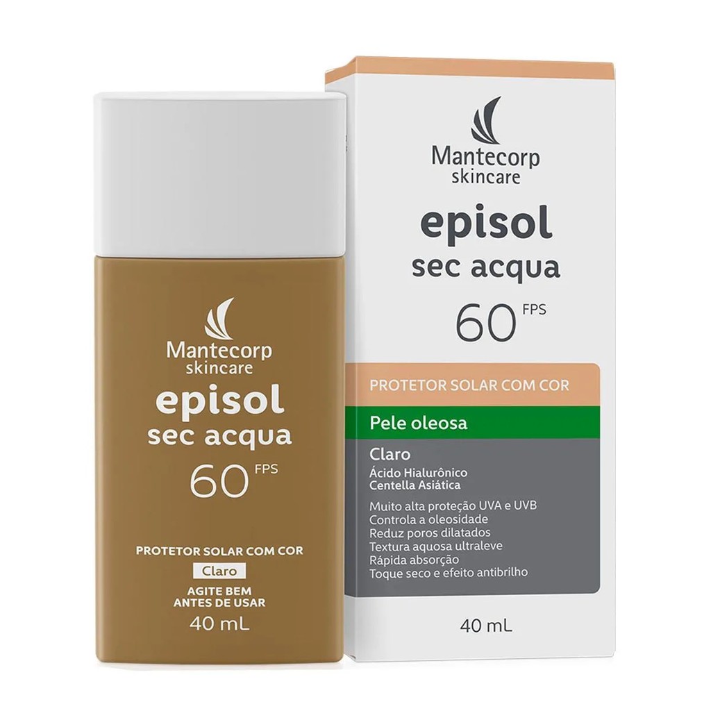Frasco do protetor solar facial Episol Sec Acqua FPS 60 tom claro