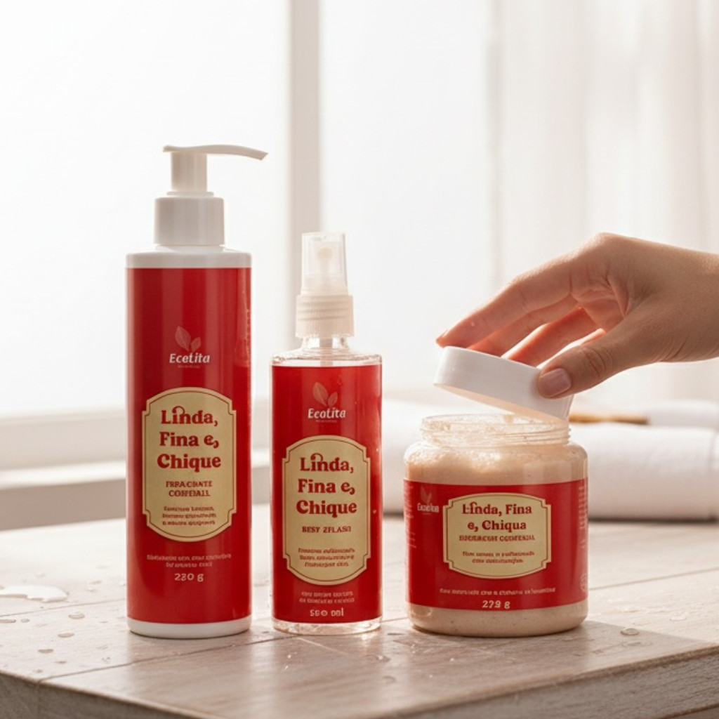 Kit Linha Linda, Fina e Chique | Body Splash + Hidratante + Esfoliante | Cuidado Corporal | Veganos