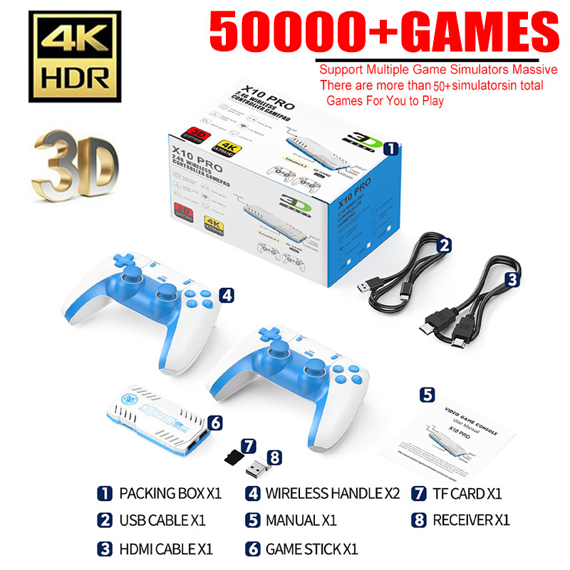 Console De Gamepad Retrô Sem Fio X10 PRO Com Mais De 50000 Jogos , 4K HDMI HD Plug and Play Game Stick 2 Controladores