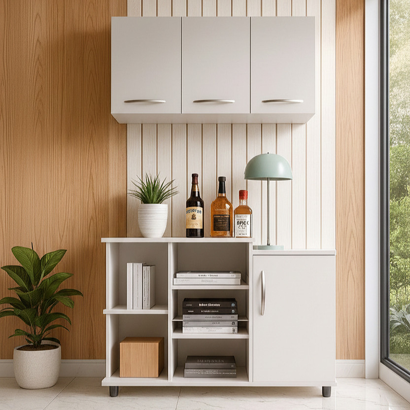 Conjunto Armário de Parede 3 Portas + Armário Balcão Fruteira 1 Porta e Prateleiras Multiuso