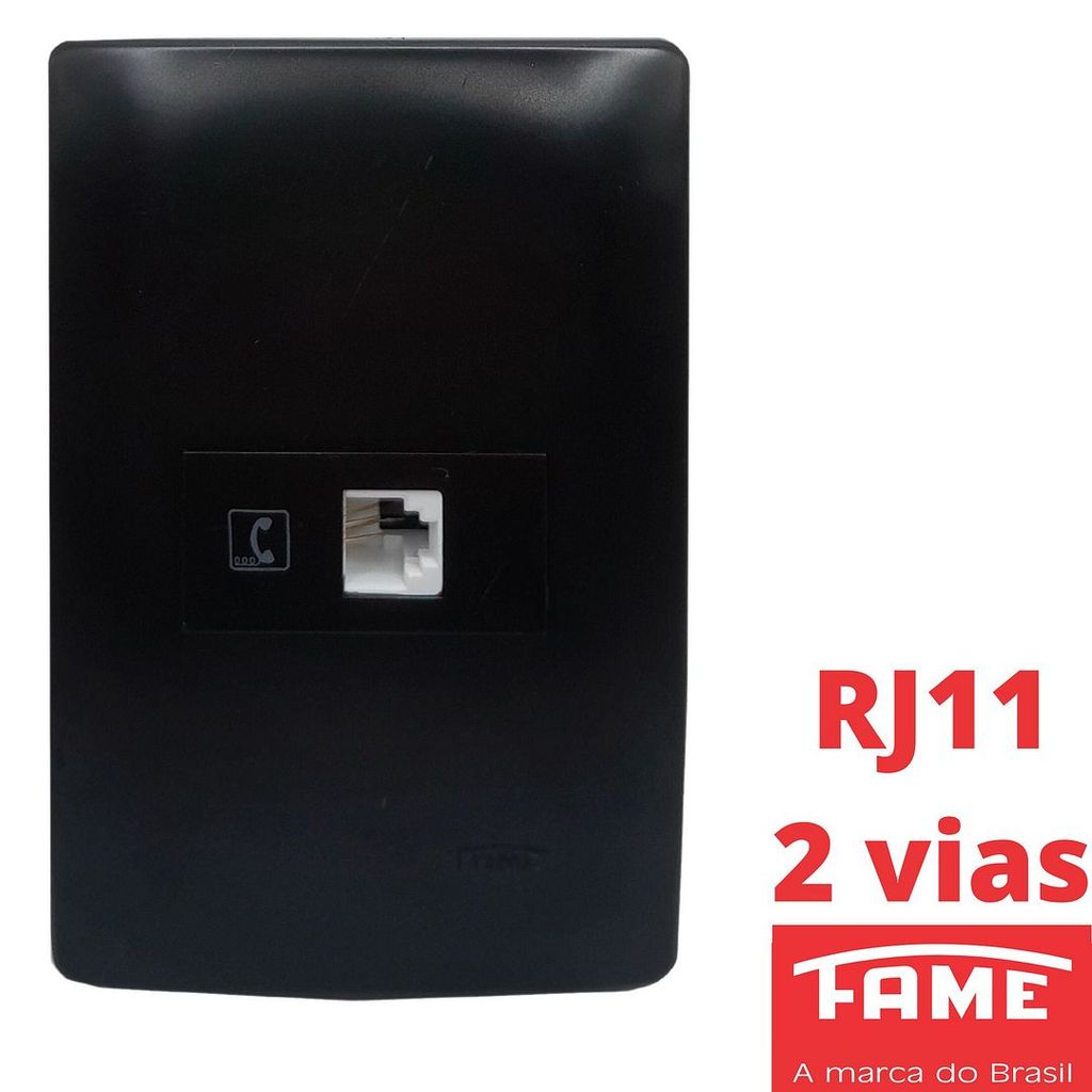 Tomada Telefone Interfone RJ11 2 Vias Com Placa 4x2 Habitat Black Preto FAME
