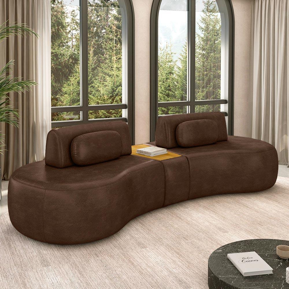 Imagem Sofá Sala de Estar Modulado França 302cm com Encosto Articulável Mesa Central e Almofadas PU Marrom G45 - Gran Belo