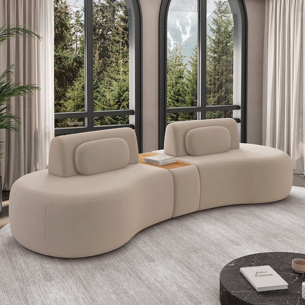 Imagem Sofá Sala de Estar Modulado França 342cm com Encosto Articulável Mesa Central e Almofadas Veludo Bege G45 - Gran Belo