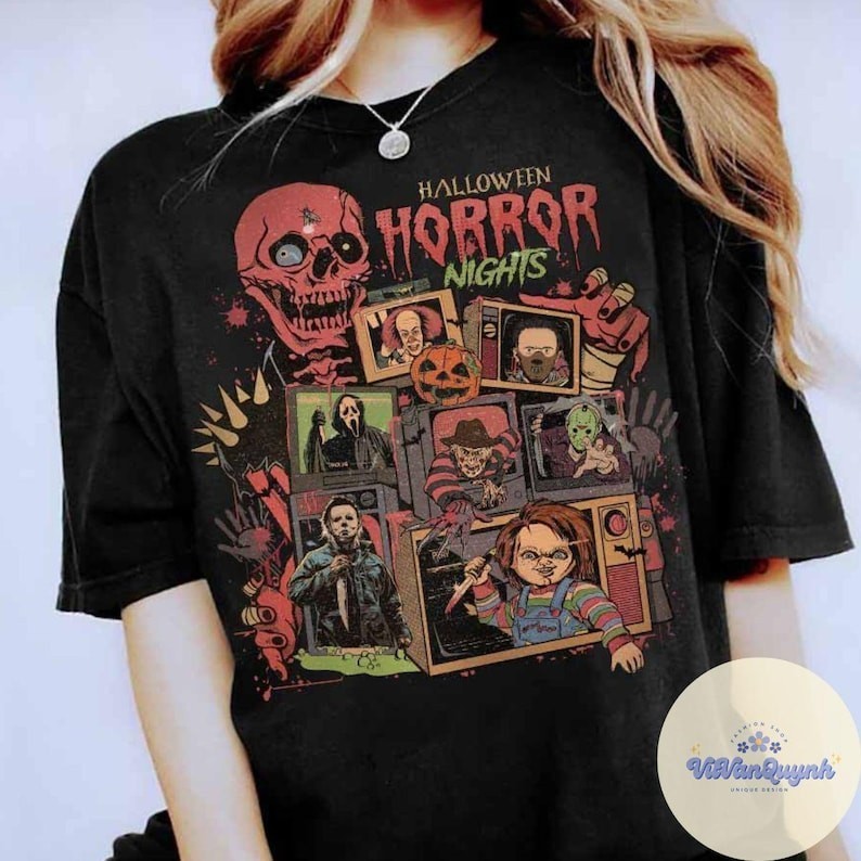 Camiseta Unissex Oversized Plus Size Feminina Masculina Fofo Camisa Noites De Terror De Halloween Personagens De Terror