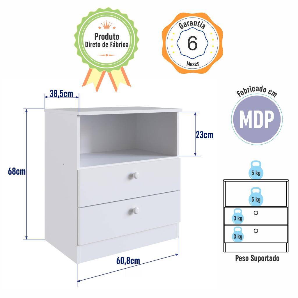 Cômoda Infantil Organizadora 2 Gavetas com Nicho 60,8cm para Quarto de Bebê Branca